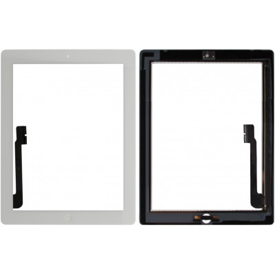 Сенсорное стекло (тачскрин) для iPad 3/ 4 в сборе с кнопкой Home + 3M скотч, белое
