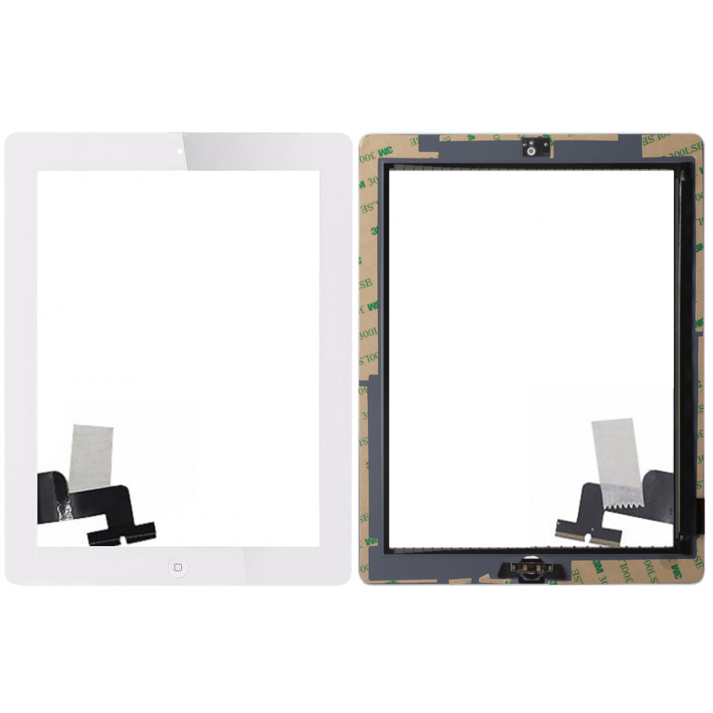 Сенсорное стекло (тачскрин) для iPad 2 в сборе с кнопкой Home + 3M скотч, белое